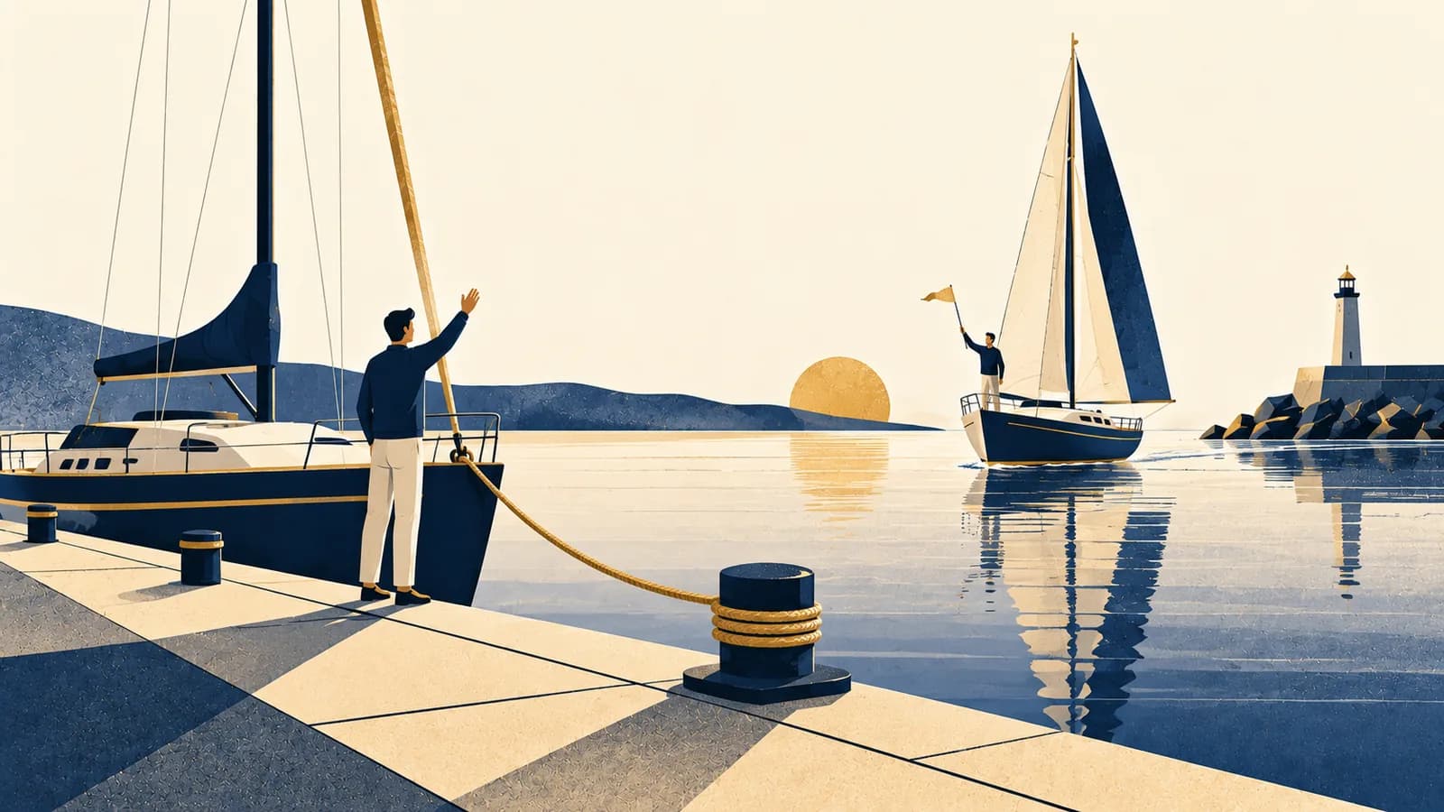 Ilustração geométrica de um cais com um veleiro amarrado por uma corda dourada e um segundo barco chegando, recebido por uma bandeira