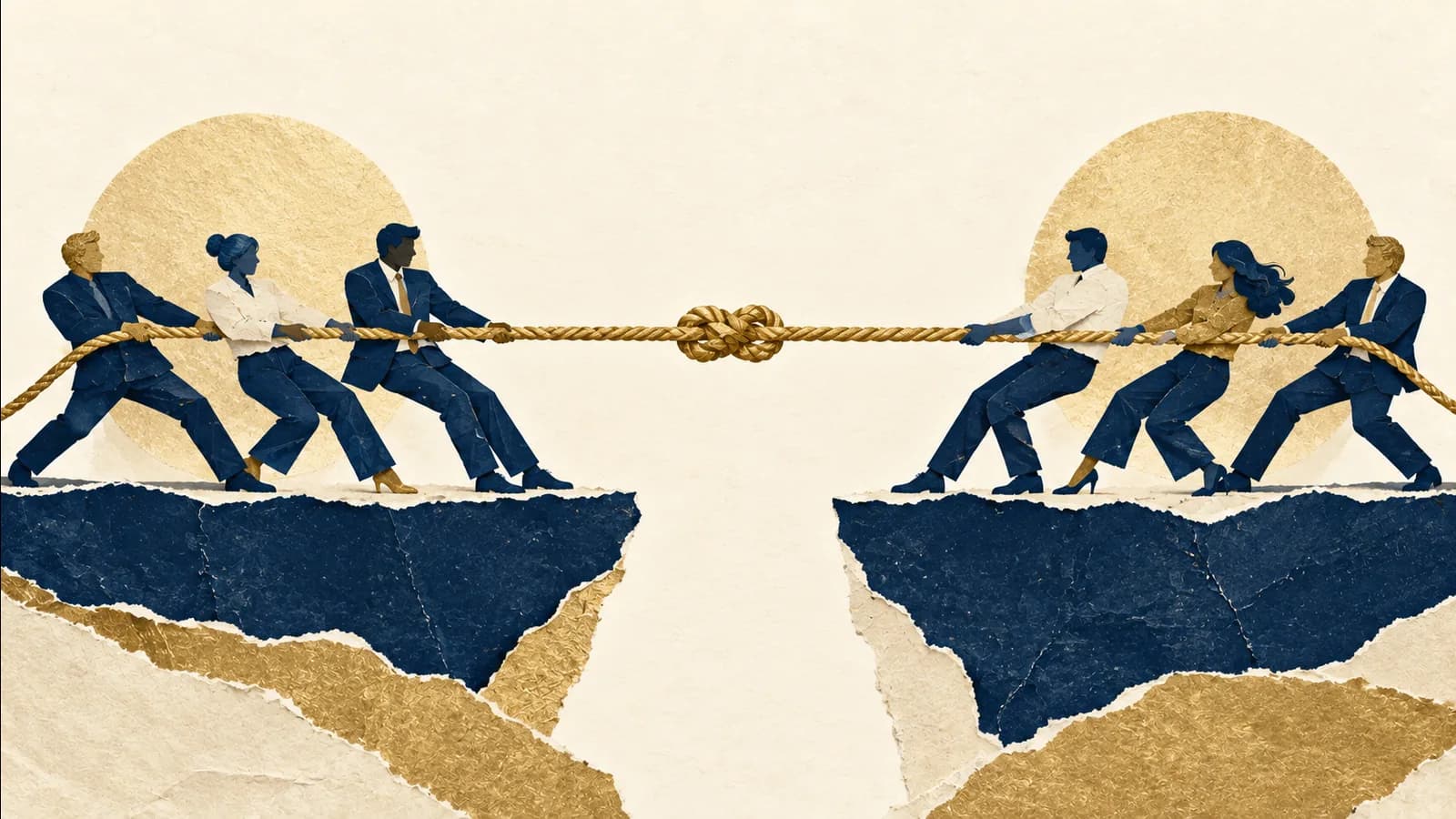 Ilustração em colagem de papel de um cabo de guerra em equilíbrio entre duas equipes, com um nó dourado parado no centro da corda