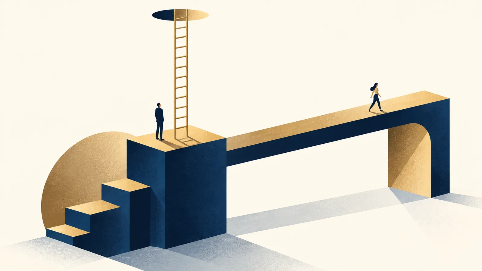 Ilustração geométrica de uma escada vertical e uma ponte horizontal saindo do mesmo ponto