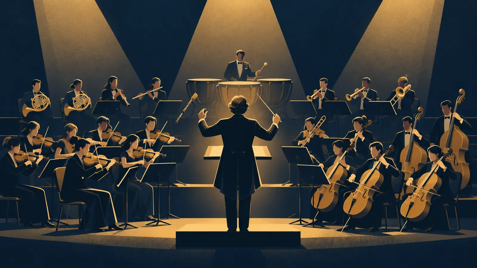 Ilustração de um maestro de costas regendo uma orquestra organizada em naipes