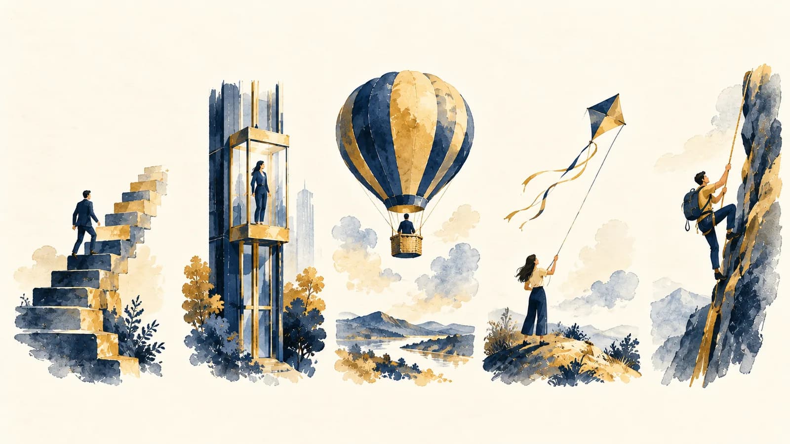 Ilustração em aquarela e nanquim de cinco formas diferentes de subir lado a lado: escada, elevador, balão, pipa e corda