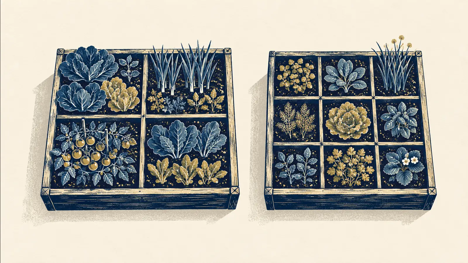 Ilustração em xilogravura de duas hortas lado a lado, uma com quatro canteiros grandes e outra com nove canteiros menores