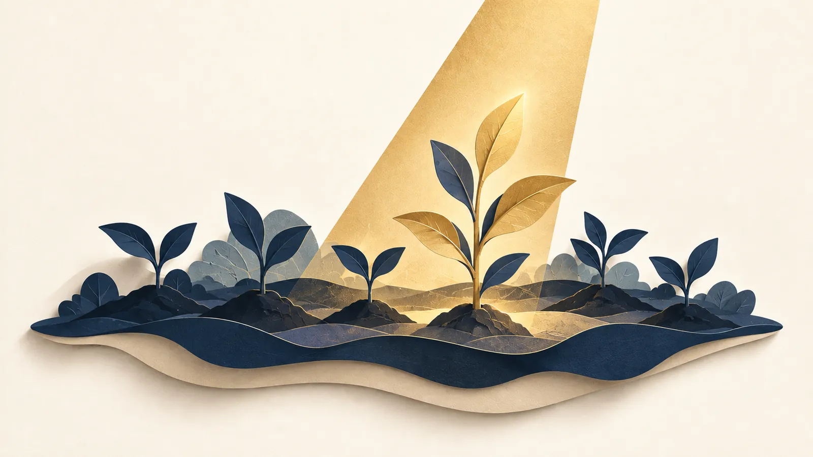 Ilustração em papel recortado de um raio de luz dourada fazendo crescer uma única planta