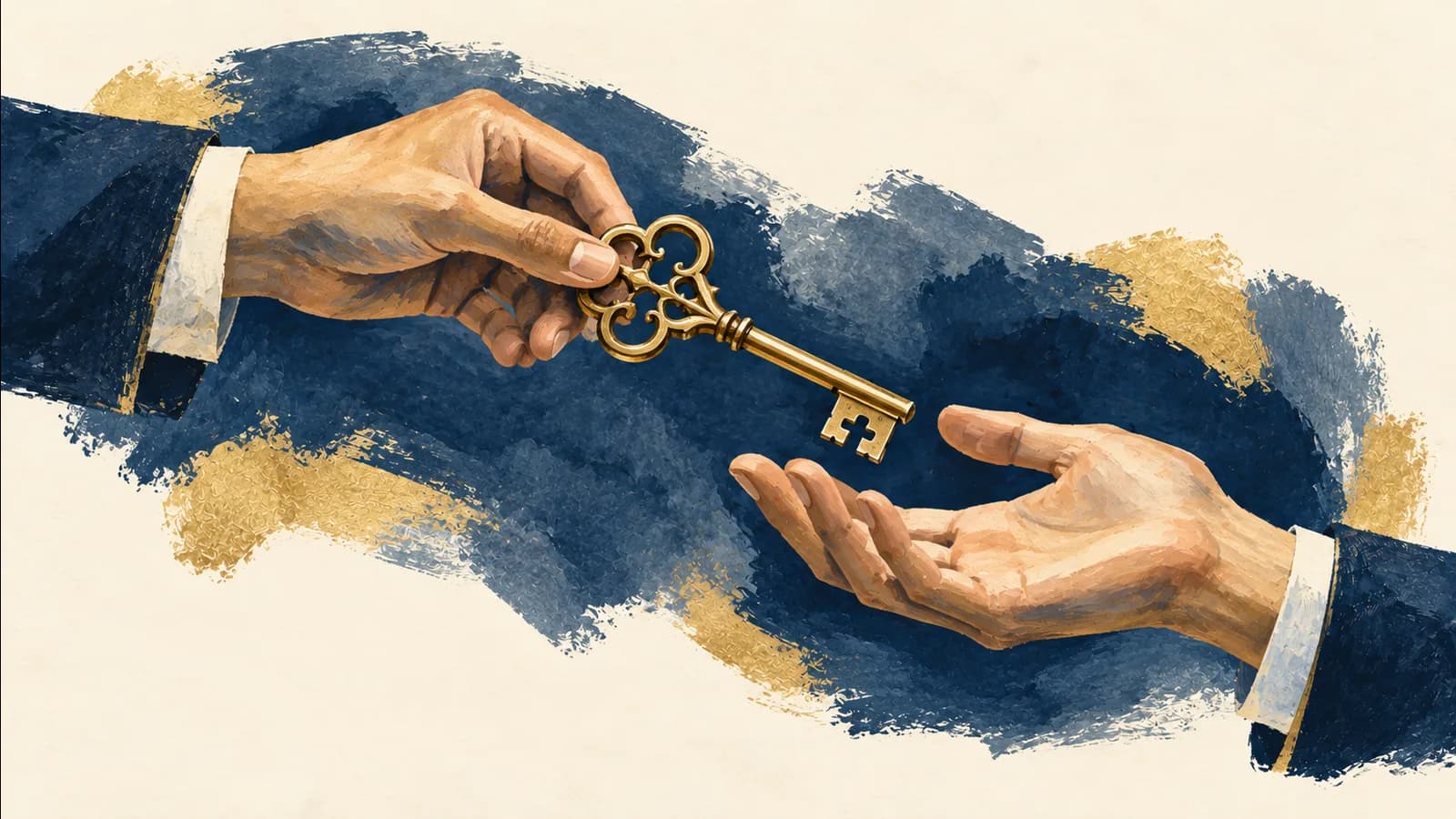 Ilustração em guache de uma mão entregando uma grande chave dourada a outra mão