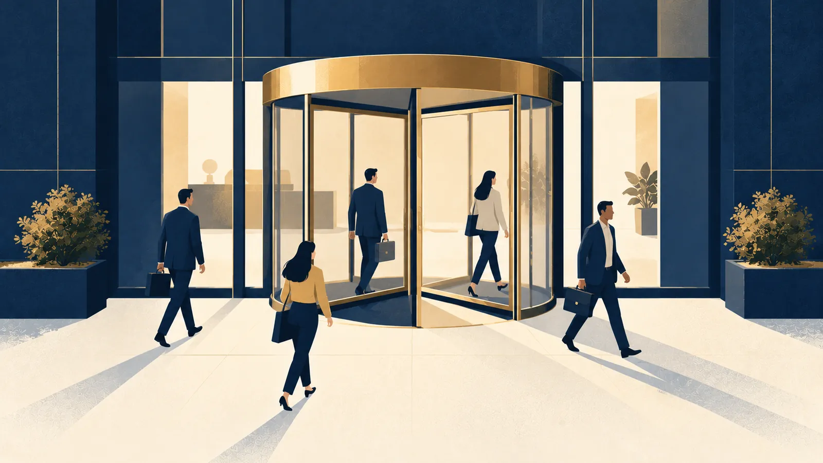 Ilustração de uma porta giratória com pessoas entrando e saindo de um prédio
