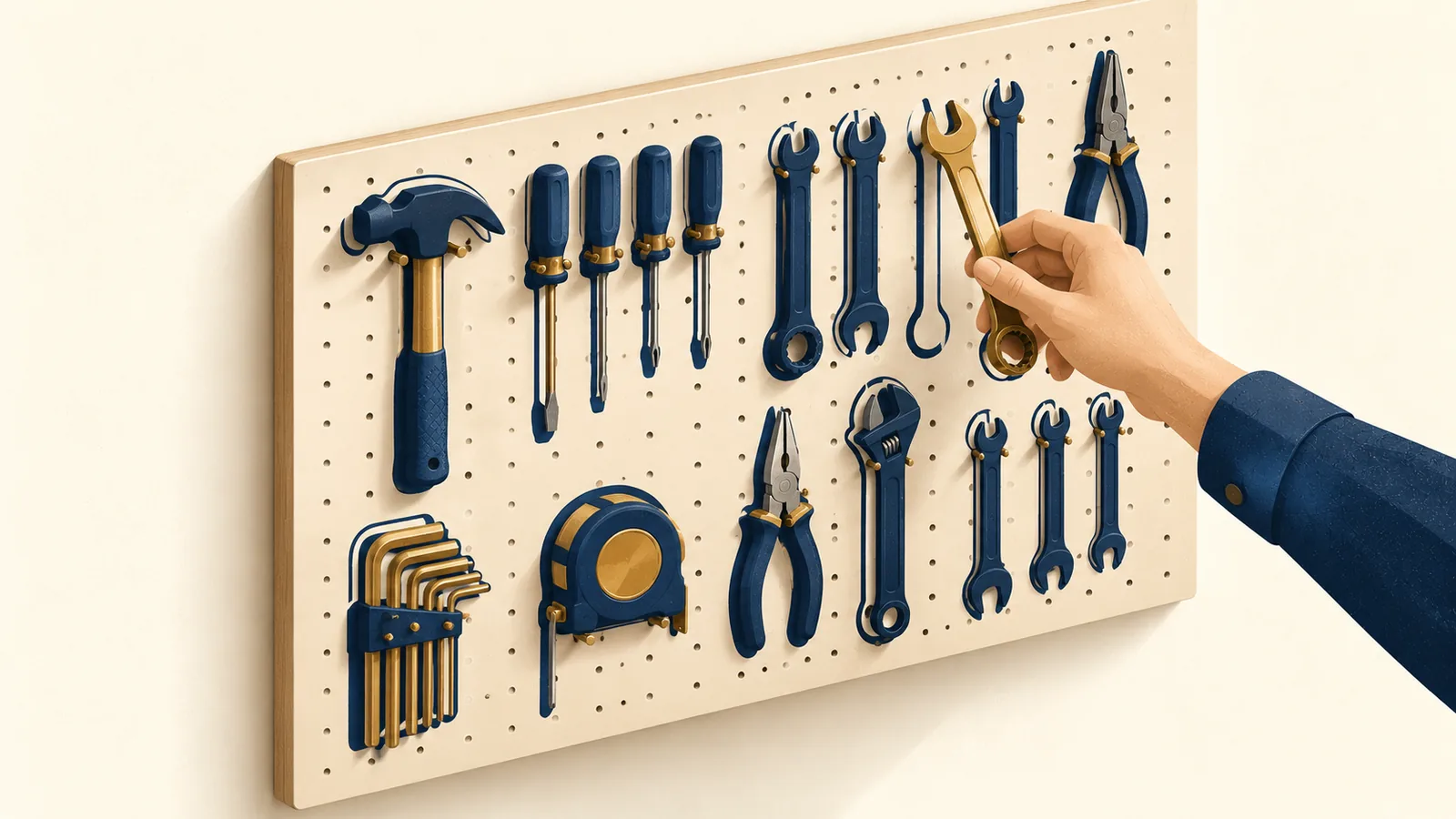 Ilustração isométrica de um painel de ferramentas em que cada ferramenta tem o seu contorno desenhado e o seu lugar definido