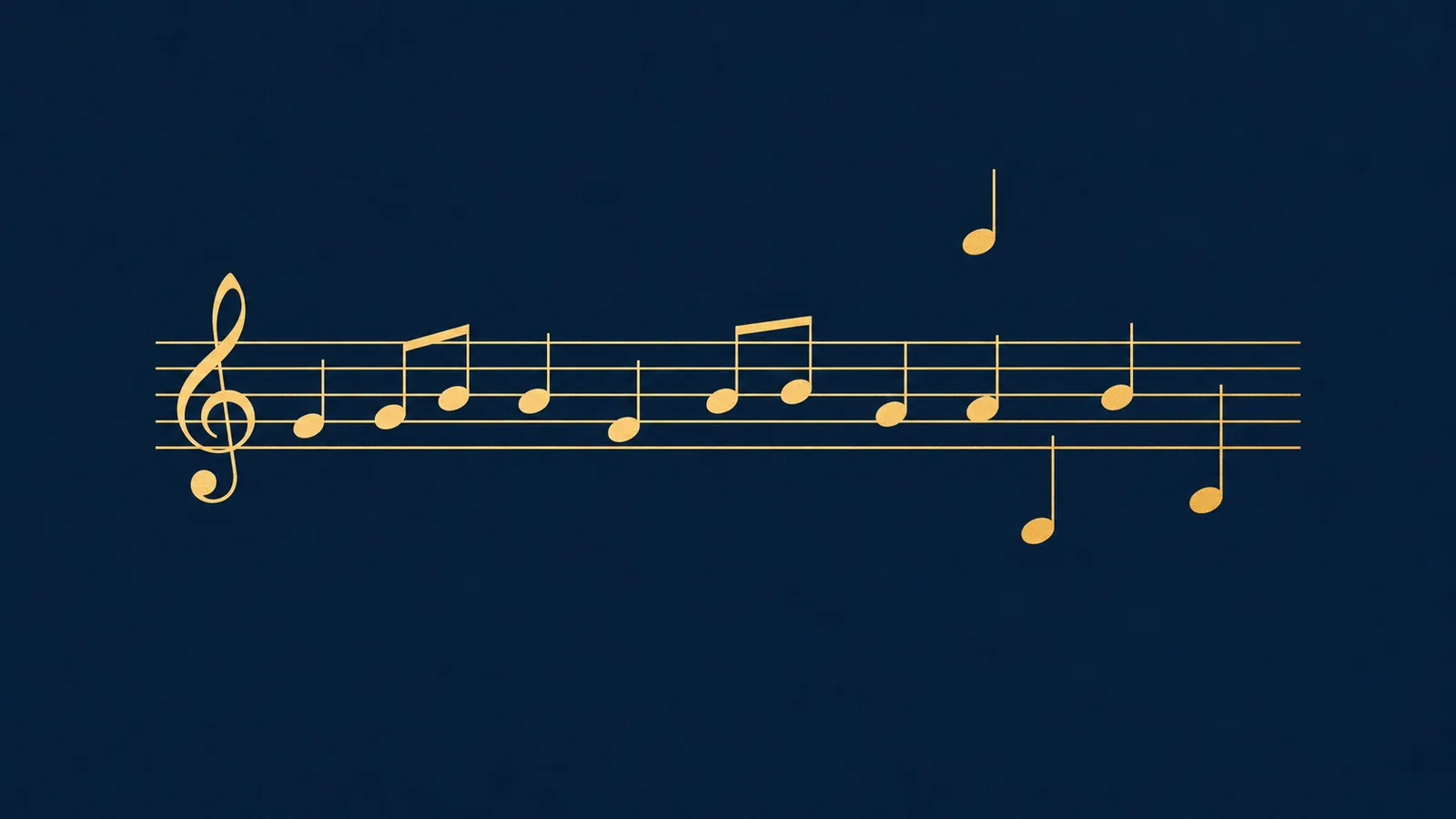 Ilustração em traço dourado sobre azul-marinho de uma pauta musical, com a maioria das notas dentro das linhas e algumas acima e abaixo delas