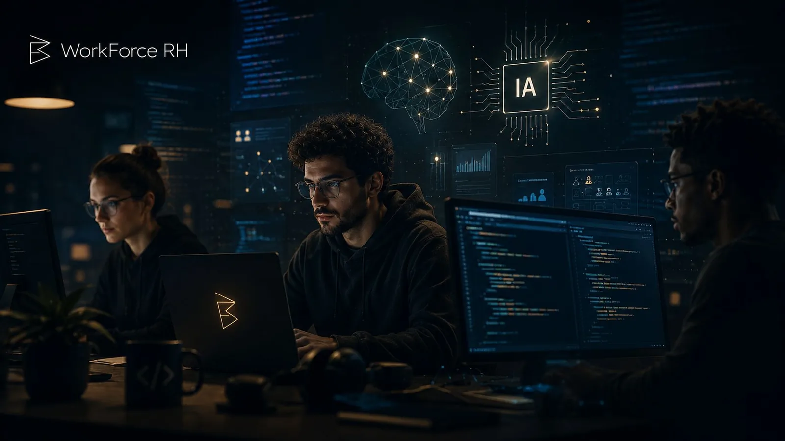 Profissionais de tecnologia trabalhando à noite diante de telas com código