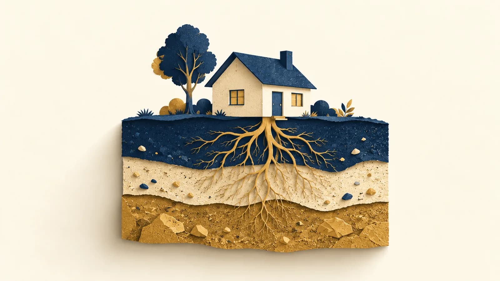 Ilustração em papel recortado do corte de um terreno em três camadas, com uma pequena casa apoiada sobre a camada de cima