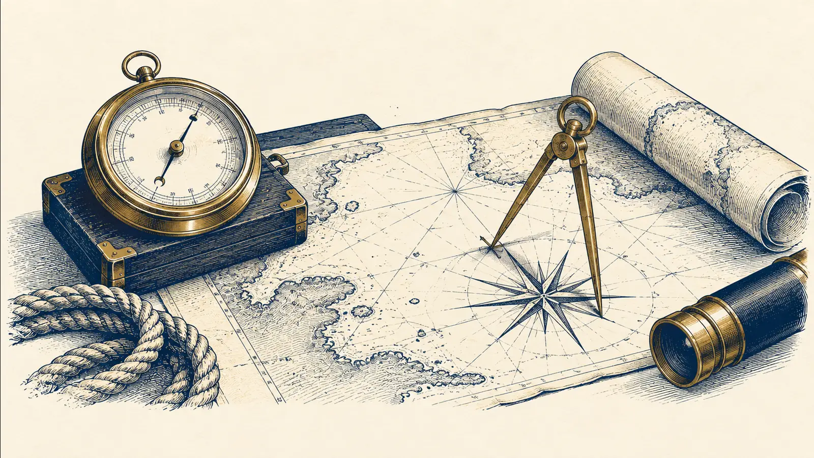 Ilustração em estilo gravura de uma mesa de navegação com carta náutica, compasso de pontas, barômetro, luneta e corda