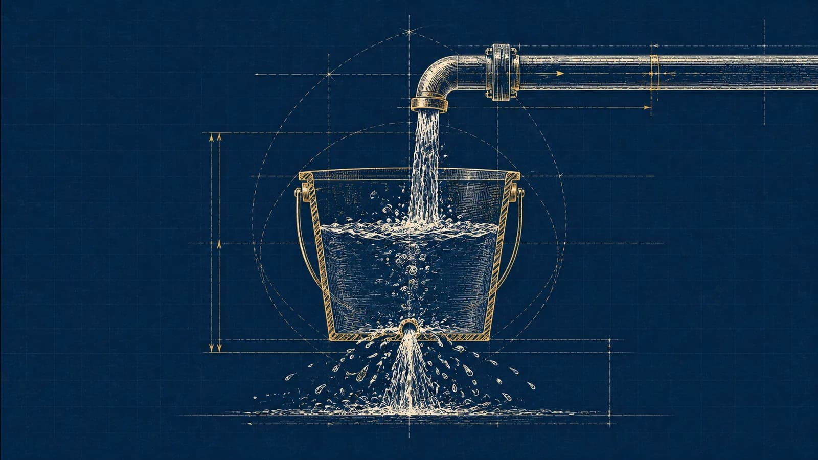 Ilustração em estilo blueprint do corte técnico de um balde furado sendo reabastecido por um cano, com a água escapando pelo fundo
