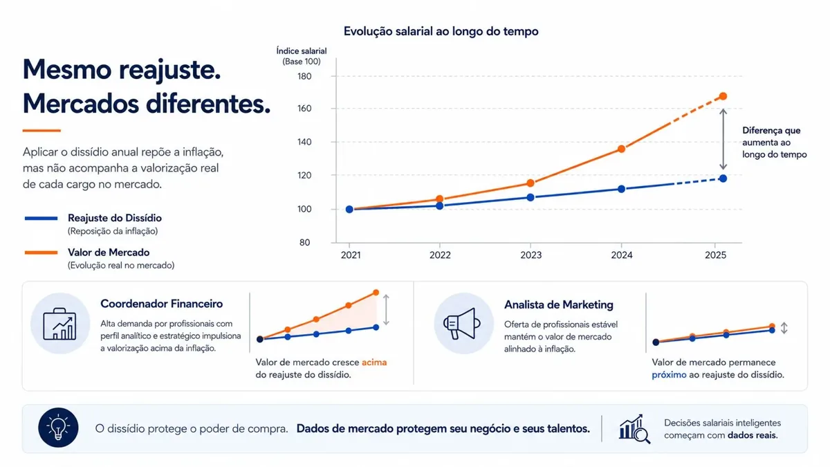 Gráfico comparando a evolução salarial de dois cargos com o mesmo reajuste de dissídio e valores de mercado diferentes