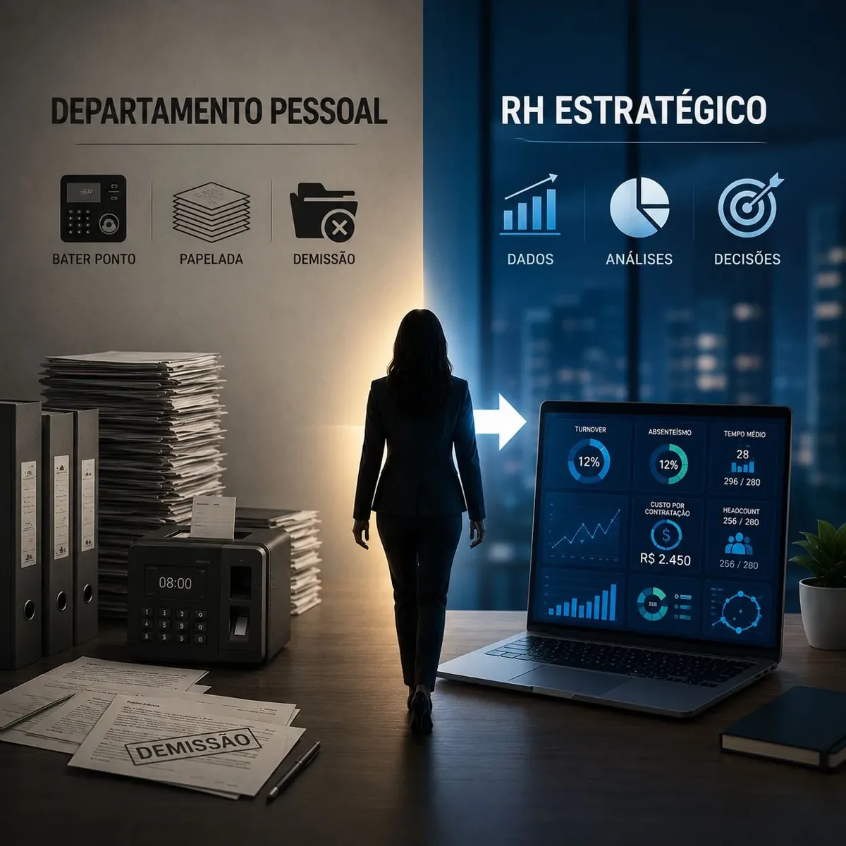 Ilustração da passagem do departamento pessoal, com ponto, papelada e demissão, para o RH estratégico, com dados, análises e decisões