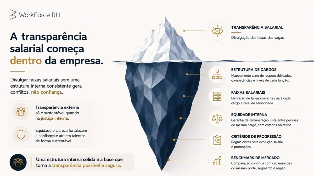 Iceberg mostrando que a transparência salarial visível depende de uma base interna: estrutura de cargos, faixas salariais, equidade interna, critérios de progressão e benchmark de mercado
