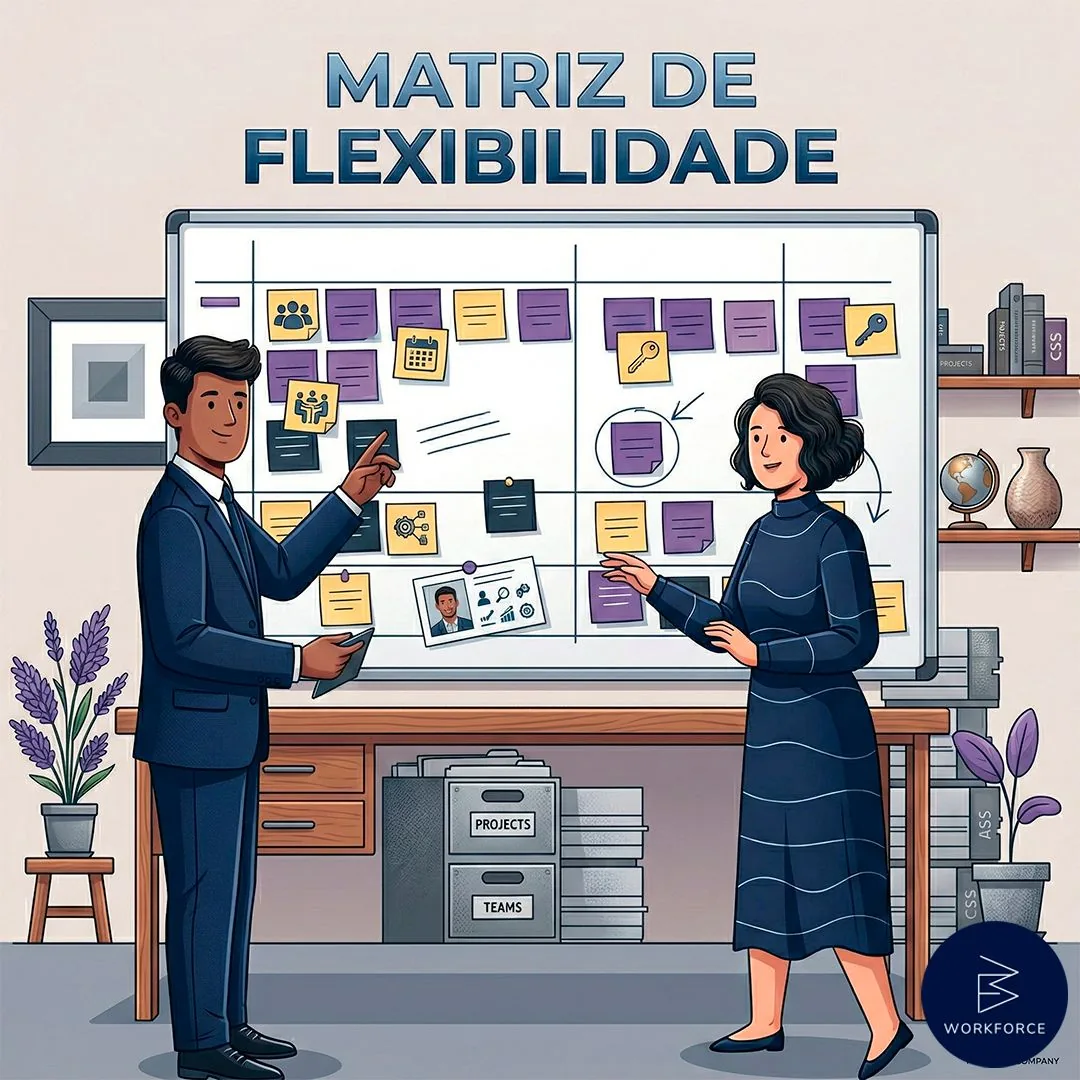 Ilustração de dois profissionais organizando em um quadro a matriz de flexibilidade das funções da equipe